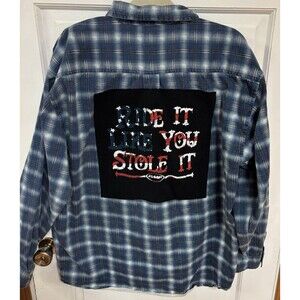 Upcycled RIDE IT LIKE YOU STOLE IT Denim Patriotic Flag Shirt Long Sleeve Large